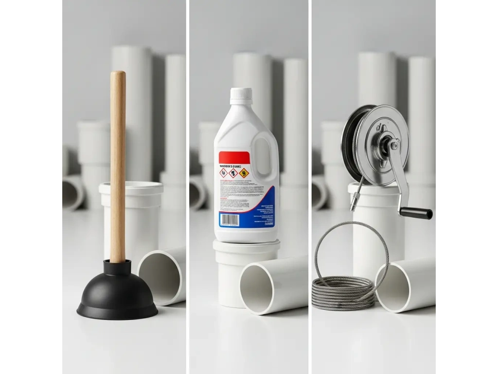 Débouchage canalisation avec accessoires de curage, brosse métallique et produit déboucheur