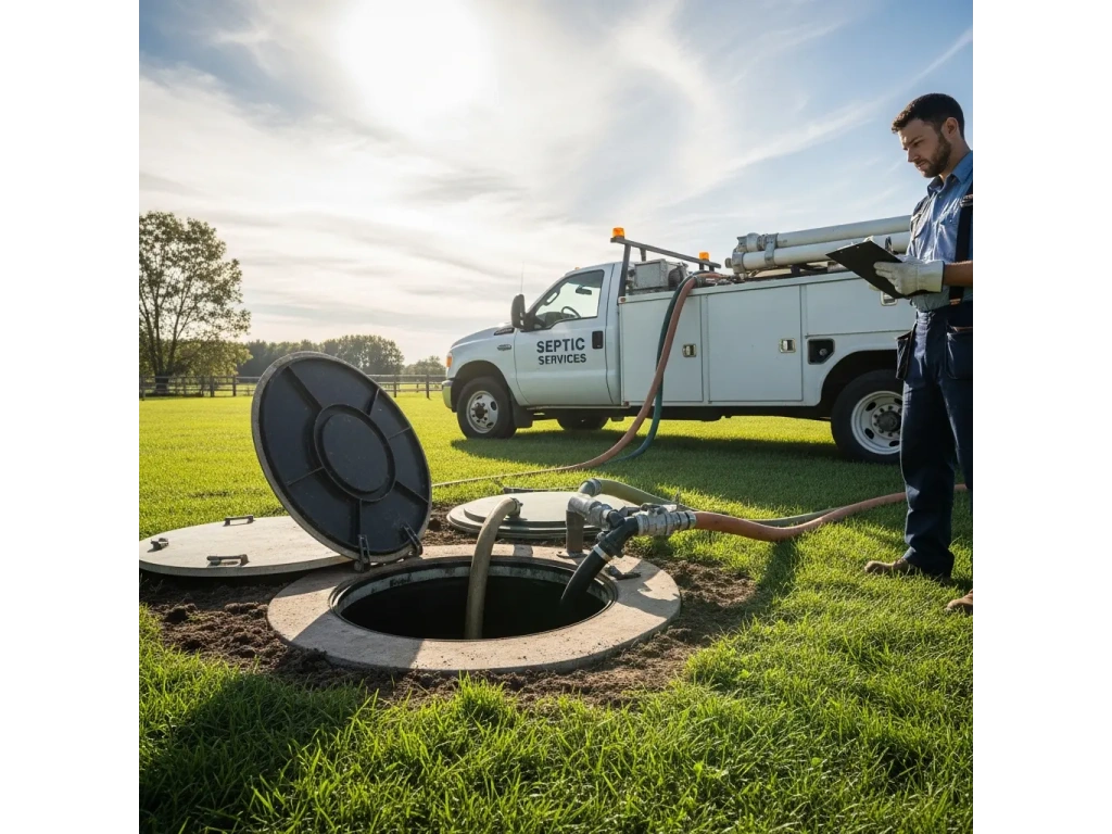 Débouchage fosse avec véhicule spécialisé et professionnel intervenant sur une installation extérieure