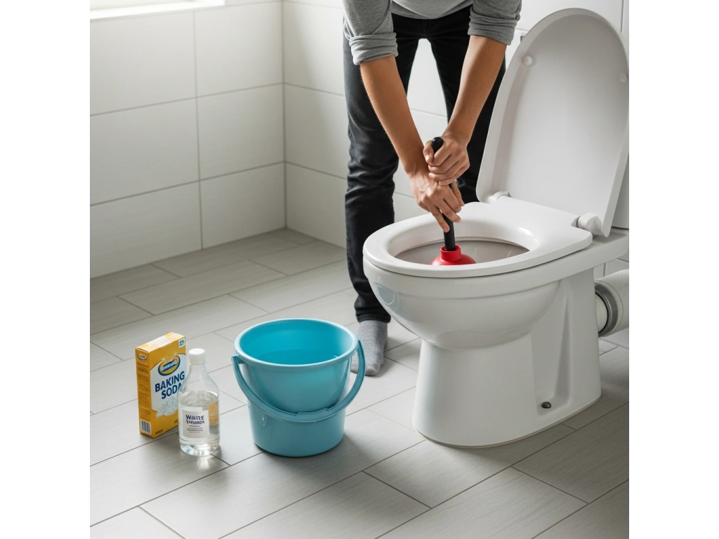 Débouchage WC avec intervention manuelle, ventouse, seau et produits posés près des toilettes