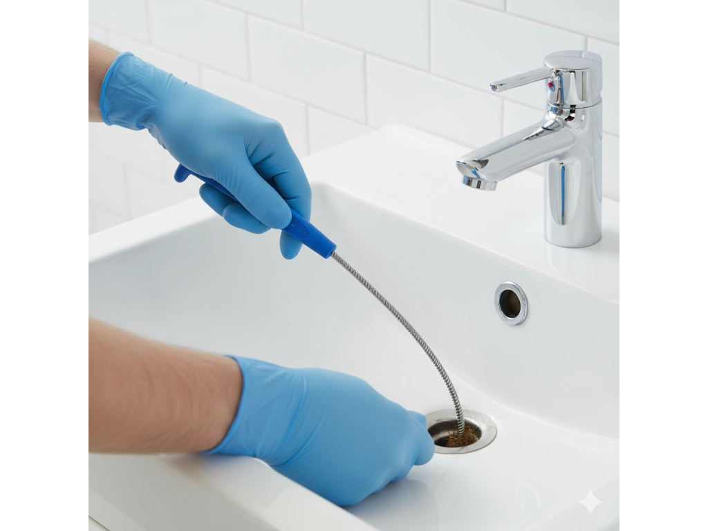 Furet débouchage utilisé pour nettoyer une canalisation de lavabo avec gants de protection