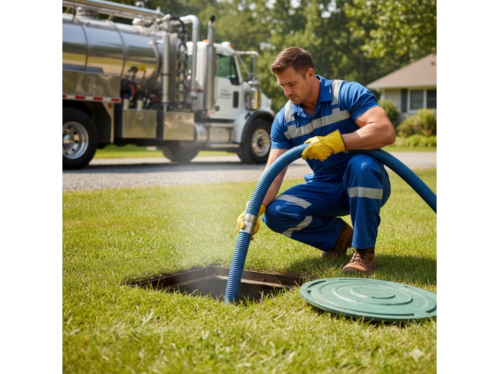 Curage haute pression réalisé par un technicien utilisant un tuyau relié à un camion spécialisé
