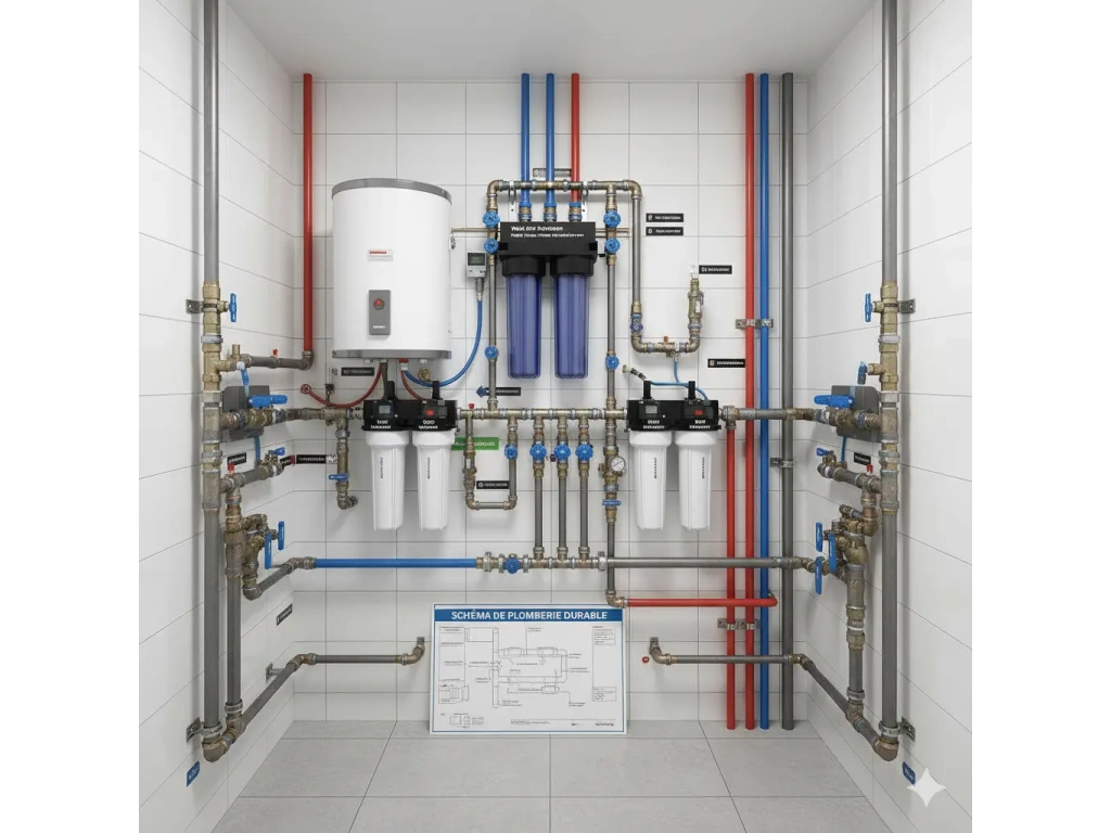 Installation et entretien sanitaire avec vue sur une installation professionnelle de plomberie intérieure