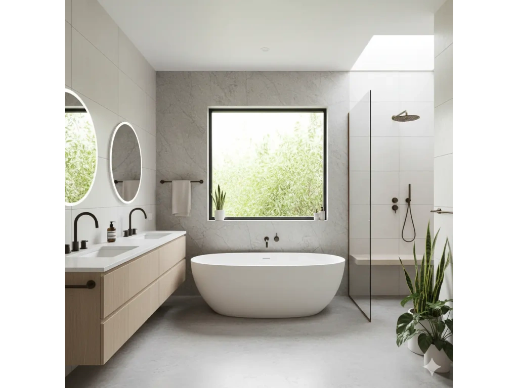 Installation salle de bain plomberie avec équipements sanitaires installés dans une salle élégante