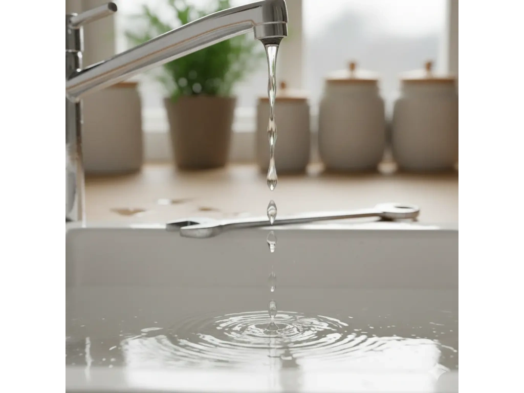 Fuite robinet avec gouttes d’eau tombant d’un robinet au-dessus d’un évier