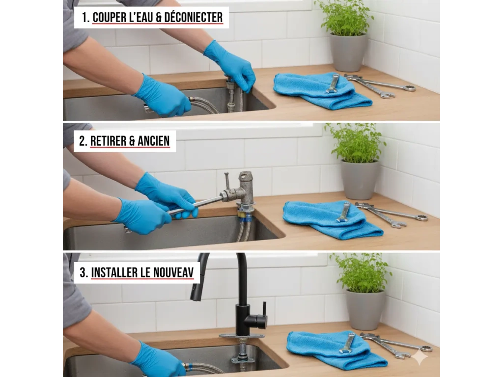 Remplacement robinet présenté étape par étape pour une installation sans fuite sur évier