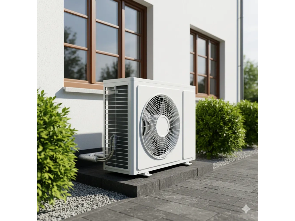 Pompe à chaleur montrée avec unité extérieure installée sur dalle à proximité d’une maison