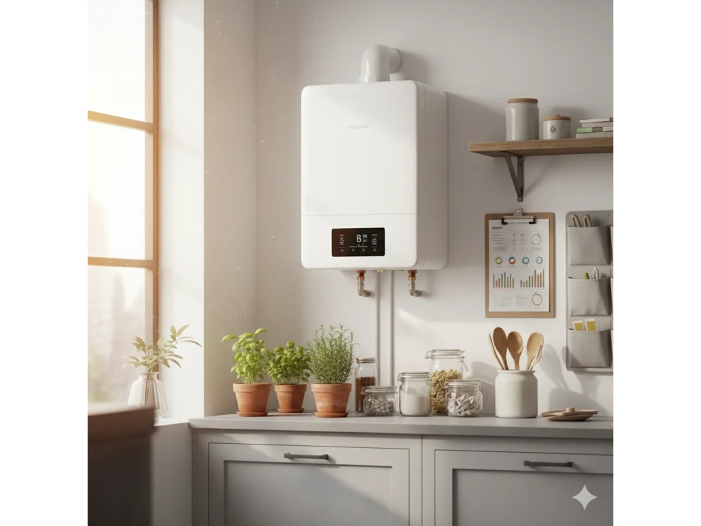 Chauffe-eau électrique moderne fixé au mur dans un espace domestique bien aménagé