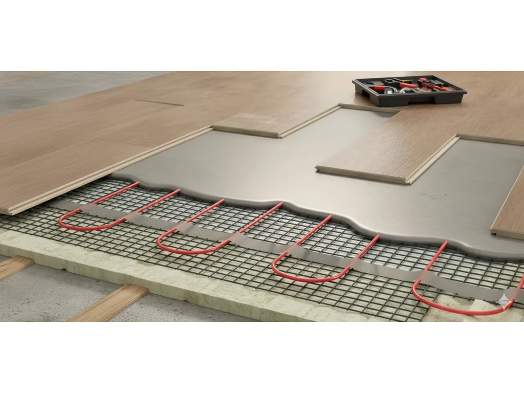 Chauffage au sol en cours d’installation avec trame chauffante visible sur la surface