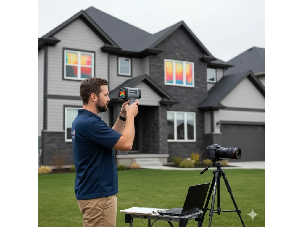 Audit énergétique illustré par un technicien utilisant une caméra thermique sur une maison
