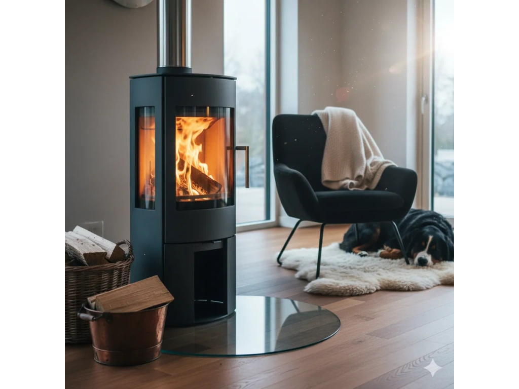 Chauffage au gaz illustré par un poêle moderne allumé dans un salon chaleureux et confortable