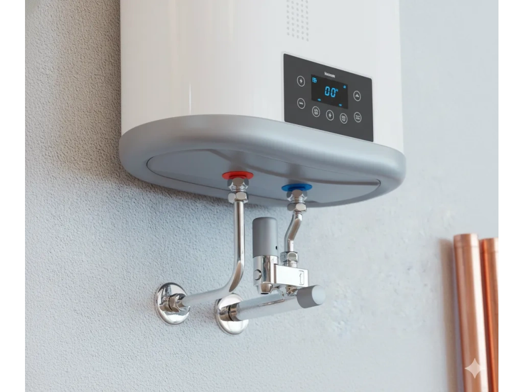 Chauffage électrique mural installé avec raccordements visibles pour une production d’eau chaude