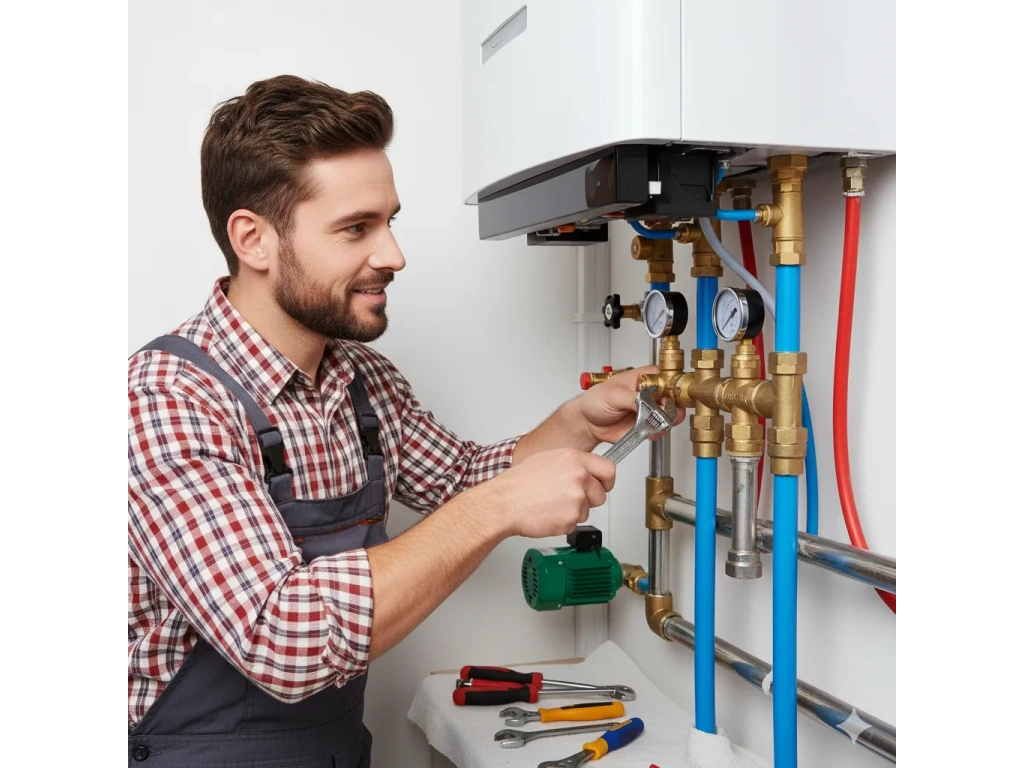 Chaudière à condensation installée par un technicien réglant les raccordements hydrauliques