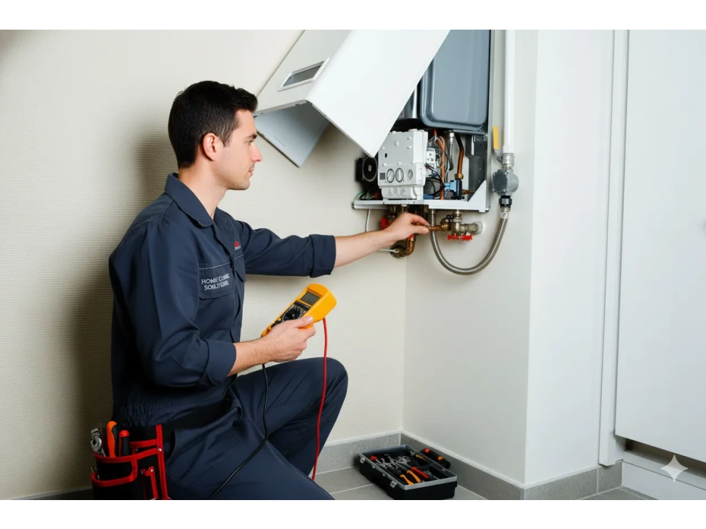 Entretien chaudière illustré par un technicien contrôlant une chaudière murale avec outils adaptés